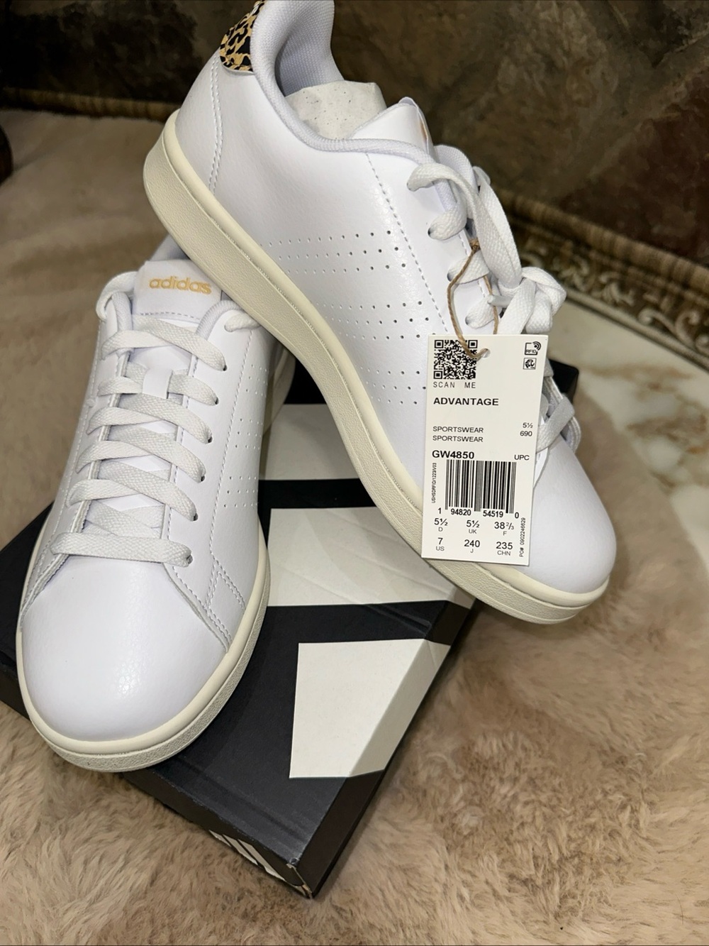 adidas White Men's Advantage Sneakers with Leopard Heel Detail